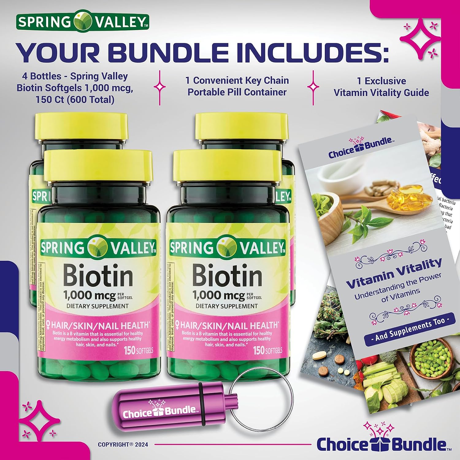 Spring Valley Biotina 1000mcg, 150 Cápsulas Blandas - Paquete de 4 (600 total) + Guía y Pastillero