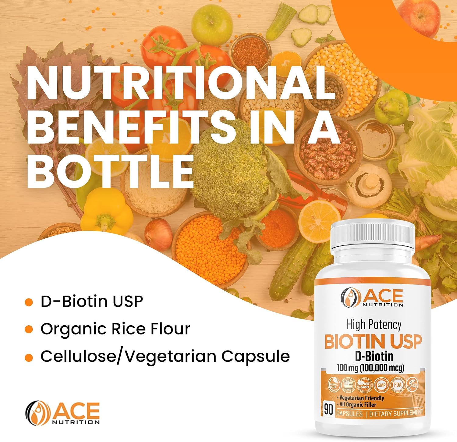 Ace Nutrition Biotina USP Alta Potencia 100mg (100.000mcg) - 3 Envases