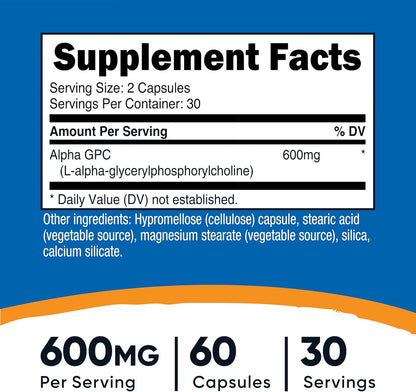 Nutricost Alpha GPC 600mg, 60 Cápsulas Vegetarianas - Sin OGM y Sin Gluten – Image 2