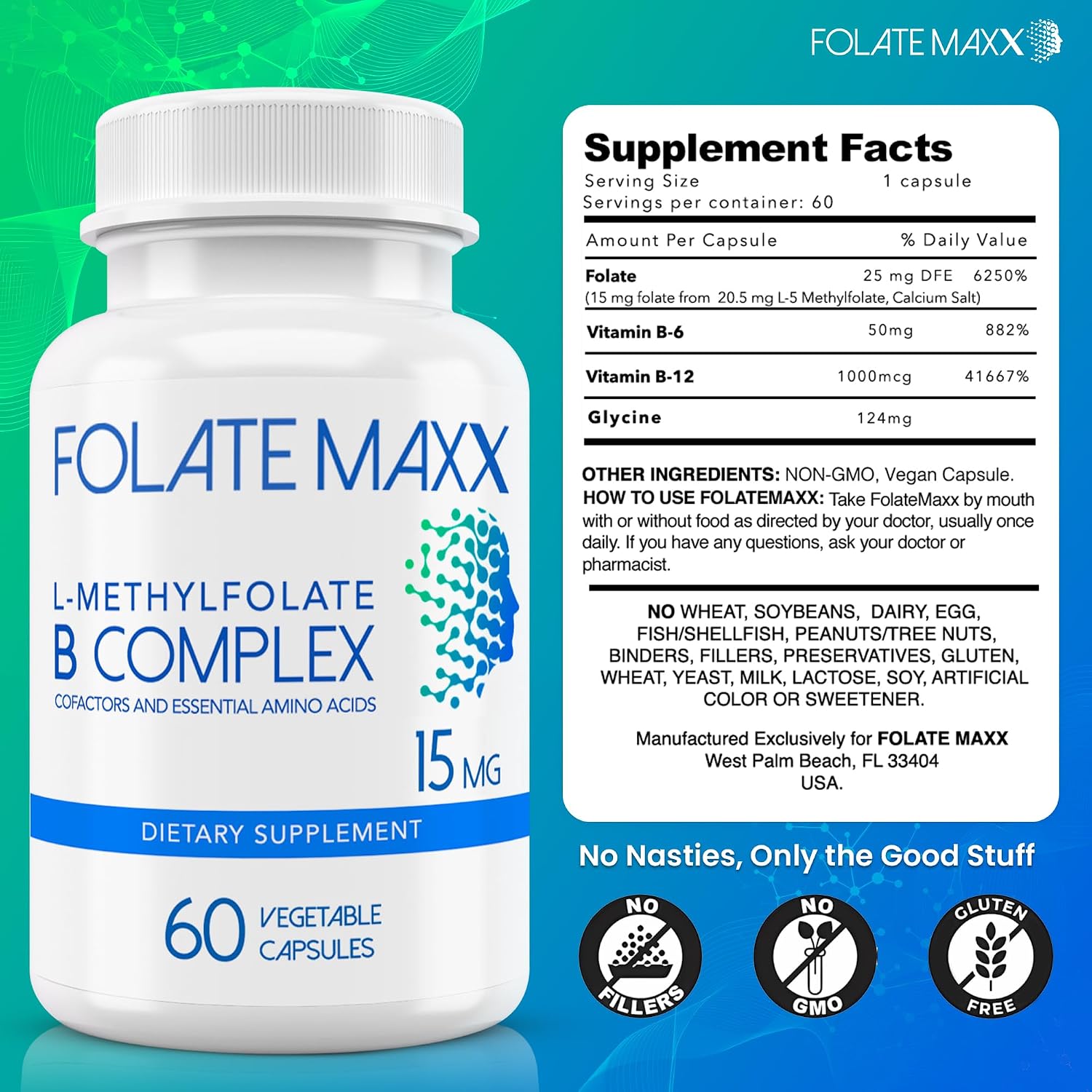 FOLATE MAXX L Metilfolato 15mg con Complejo B Activo – 60 Cápsulas – Alta Potencia 5-MTHF con Vitamina B6 y Metil B12 – 2 Meses de Suministro