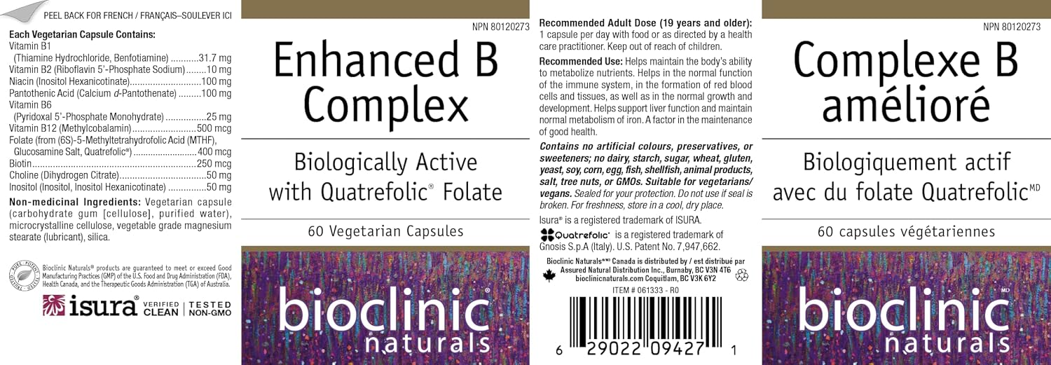 Bioclinic Naturals Enhanced B Complex 60 Softgels - Biológicamente Activo con Quatrefolic Folate