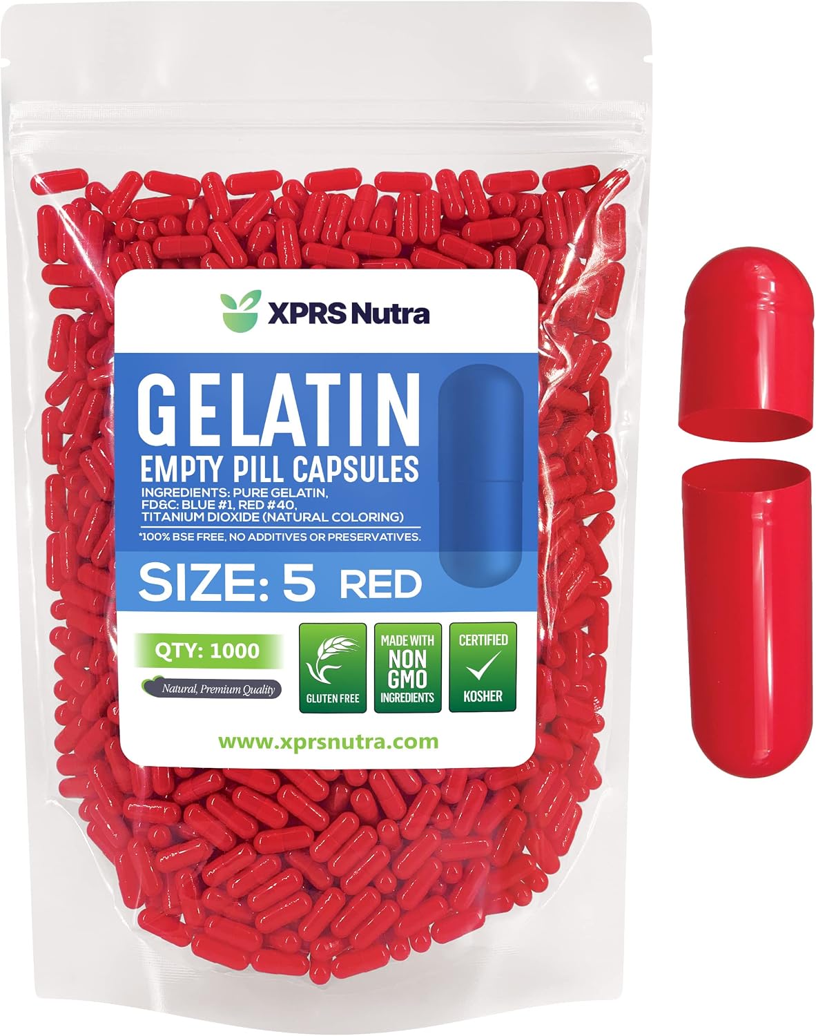 XPRS Nutra Cápsulas Vacías de Gelatina Tamaño 5 - 1000 Unidades - Cápsulas Pequeñas para Rellenar - Ideal para Suplementos Caseros (Rojo)