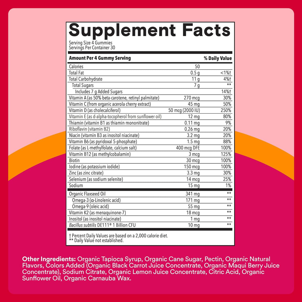 SmartyPants Gominolas Multivitamínicas Orgánicas para Mujeres con Biotina, Probióticos, Metilfolato, Omega 3 (ALA), Vitamina D3, C, B12, B6, A, K, Zinc e Inositol - 120 Gominolas (30 Días)