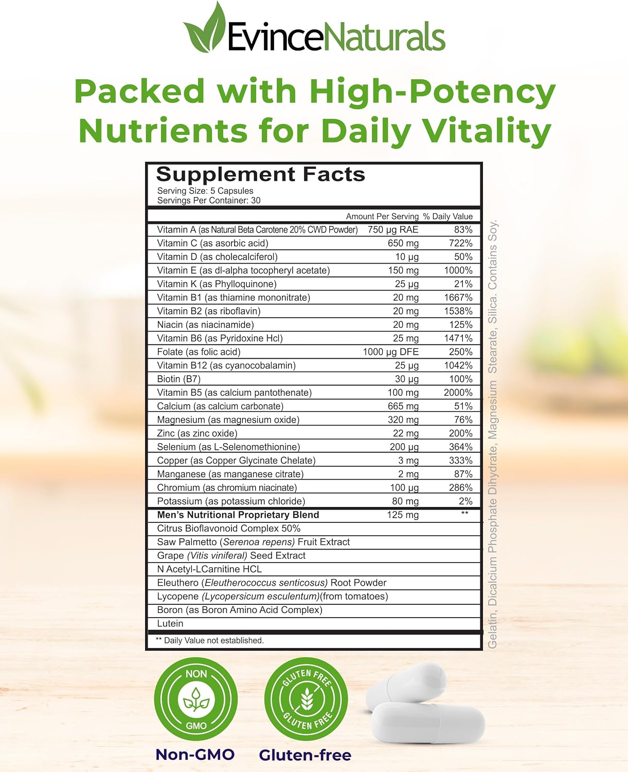 Evince Naturals Sistema Nutricional Diario para Hombres, Multivitamínico