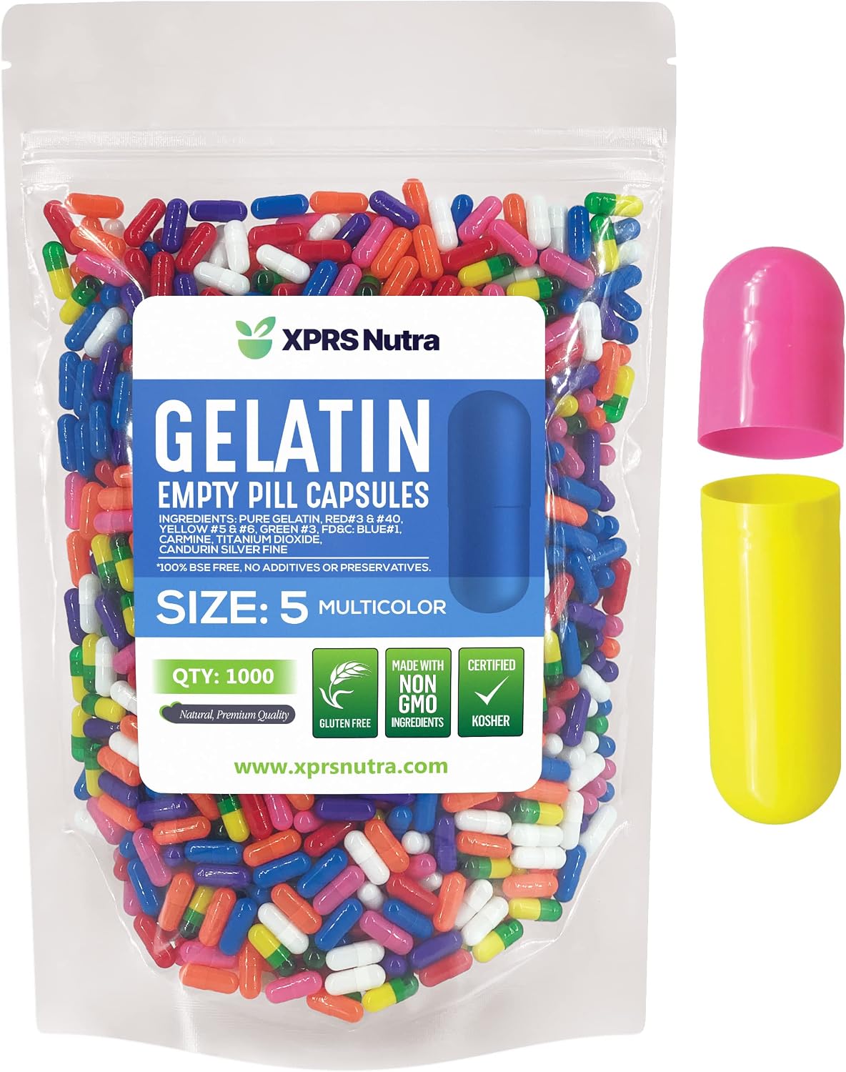 XPRS Nutra Cápsulas Vacías Tamaño 5 - 1000 Unidades - Gelatina Bovina - Cápsulas Pequeñas para Rellenar - Multicolor
