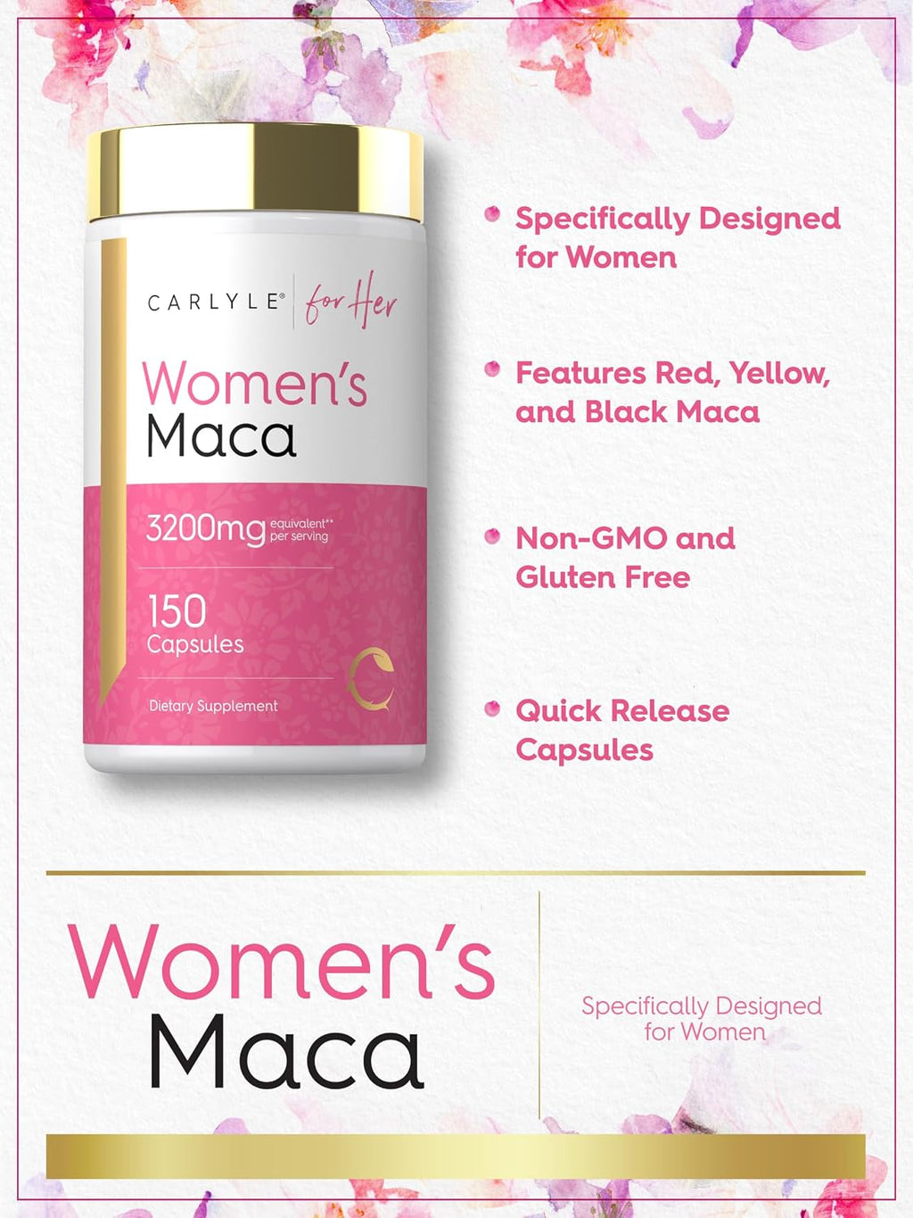 Carlyle Cápsulas de Raíz de Maca para Mujeres - 150 Cápsulas, Suplemento No OGM y Sin Gluten