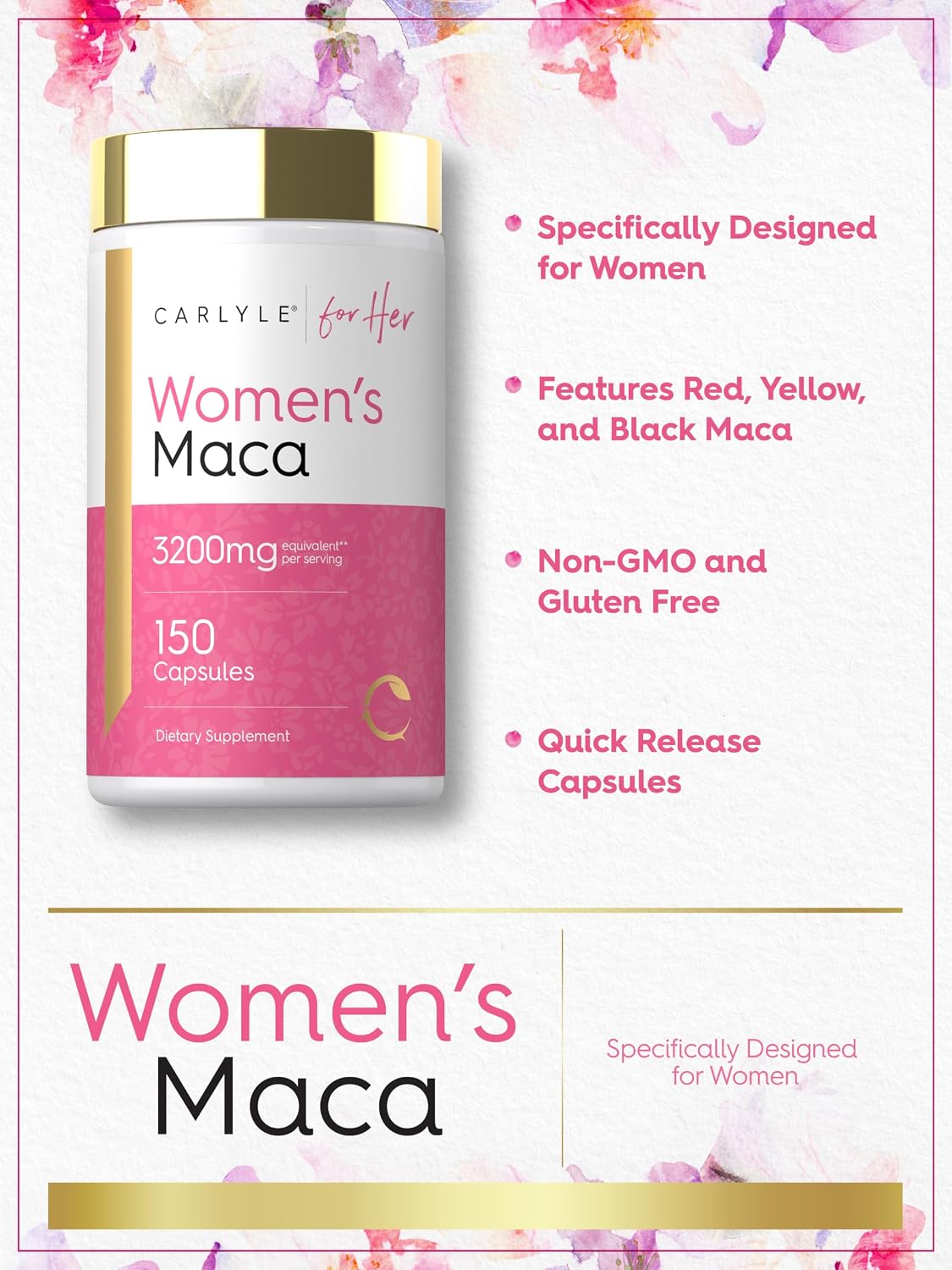 Carlyle Cápsulas de Raíz de Maca para Mujeres - 150 Cápsulas, Suplemento No OGM y Sin Gluten