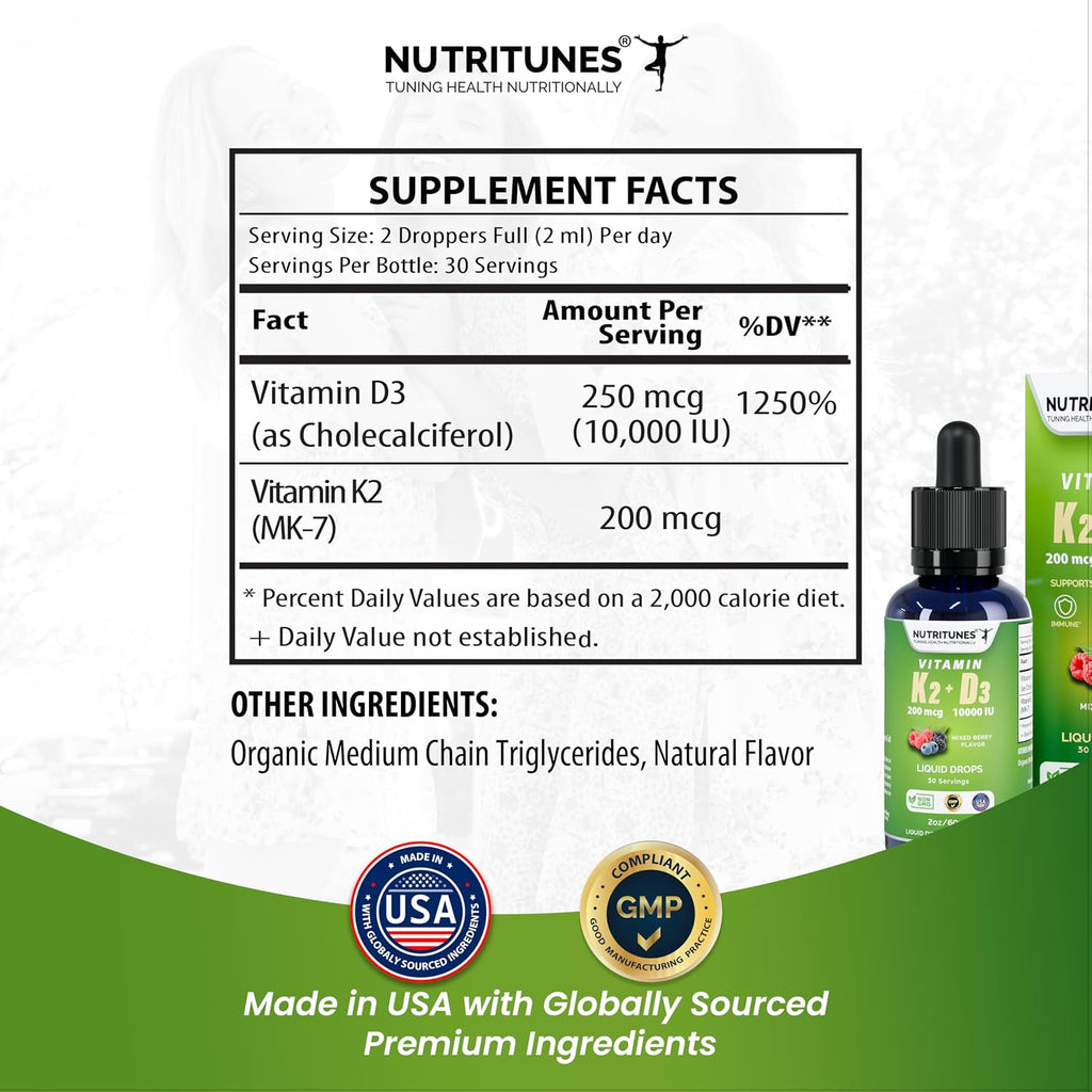 Nutritunes K2 D3 Liquid Drops – Vitamina D3 10.000 UI y K2 200 mcg – Complemento de Alta Potencia – Sabor a Bayas Mixtas – 30 Servicios (60 ml)