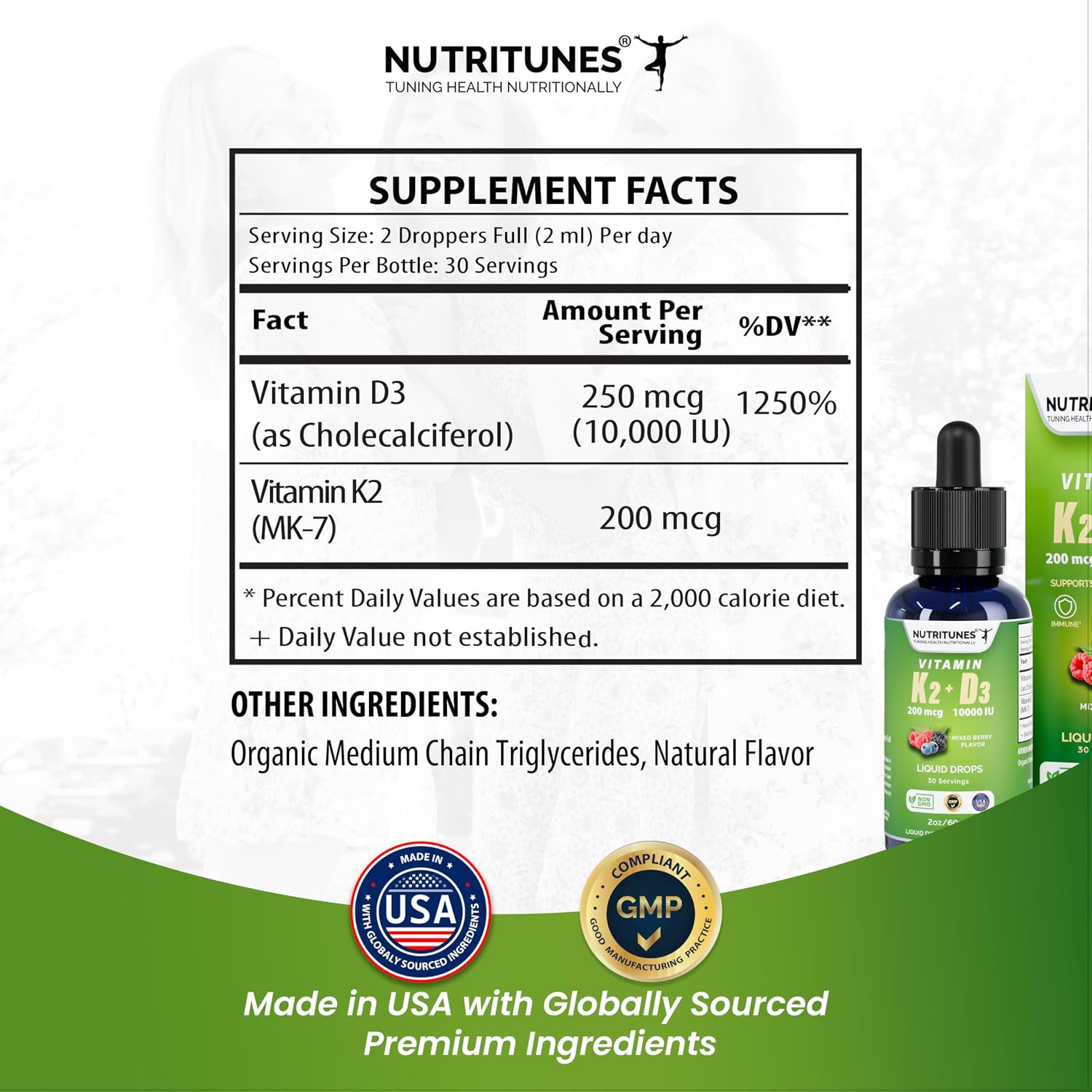 Nutritunes K2 D3 Liquid Drops – Vitamina D3 10.000 UI y K2 200 mcg – Complemento de Alta Potencia – Sabor a Bayas Mixtas – 30 Servicios (60 ml)