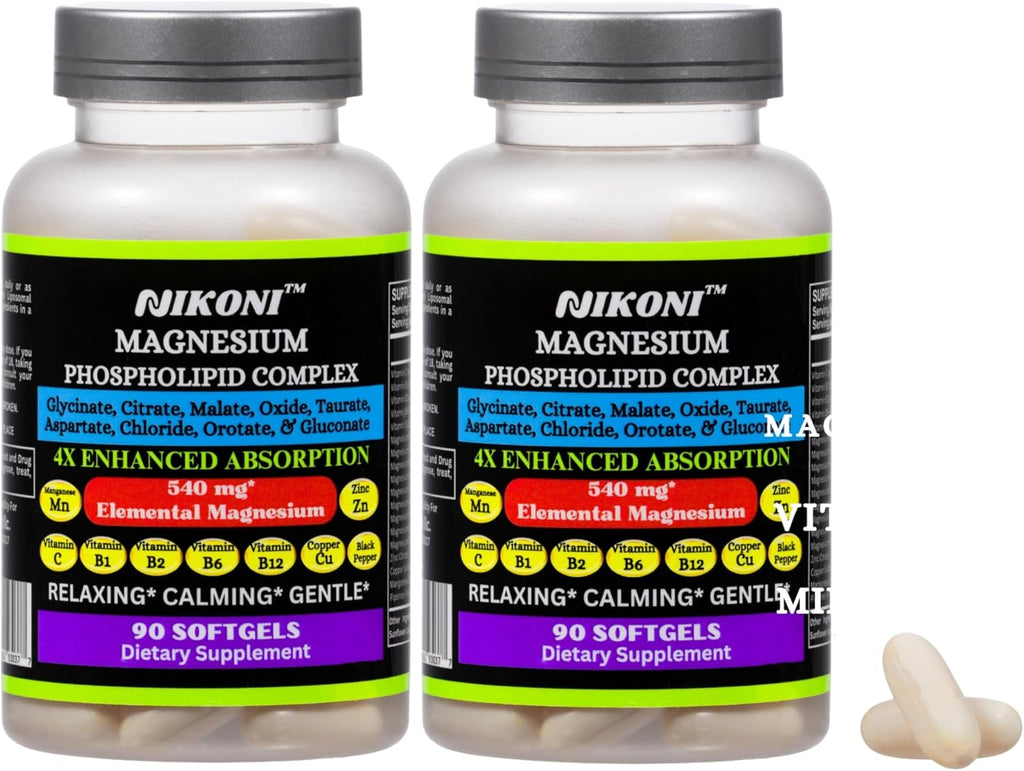Nikoni Phospholipid Magnesium Complex 2500mg (9 Sales de Magnesio, 5 Vitaminas y 3 Minerales) (180 Cápsulas Blandas)