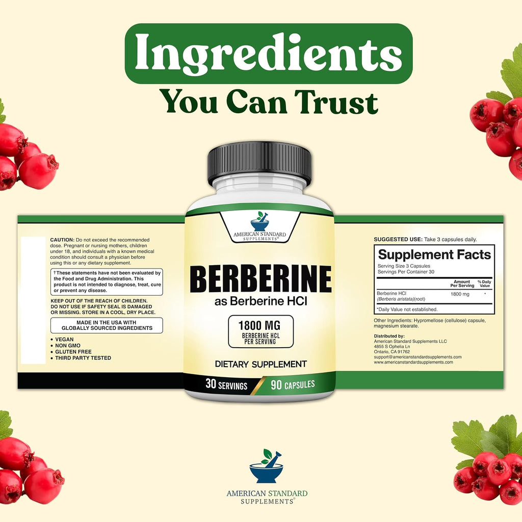 American Standard Supplements Berberina 1800 mg por porción, 90 cápsulas vegetales