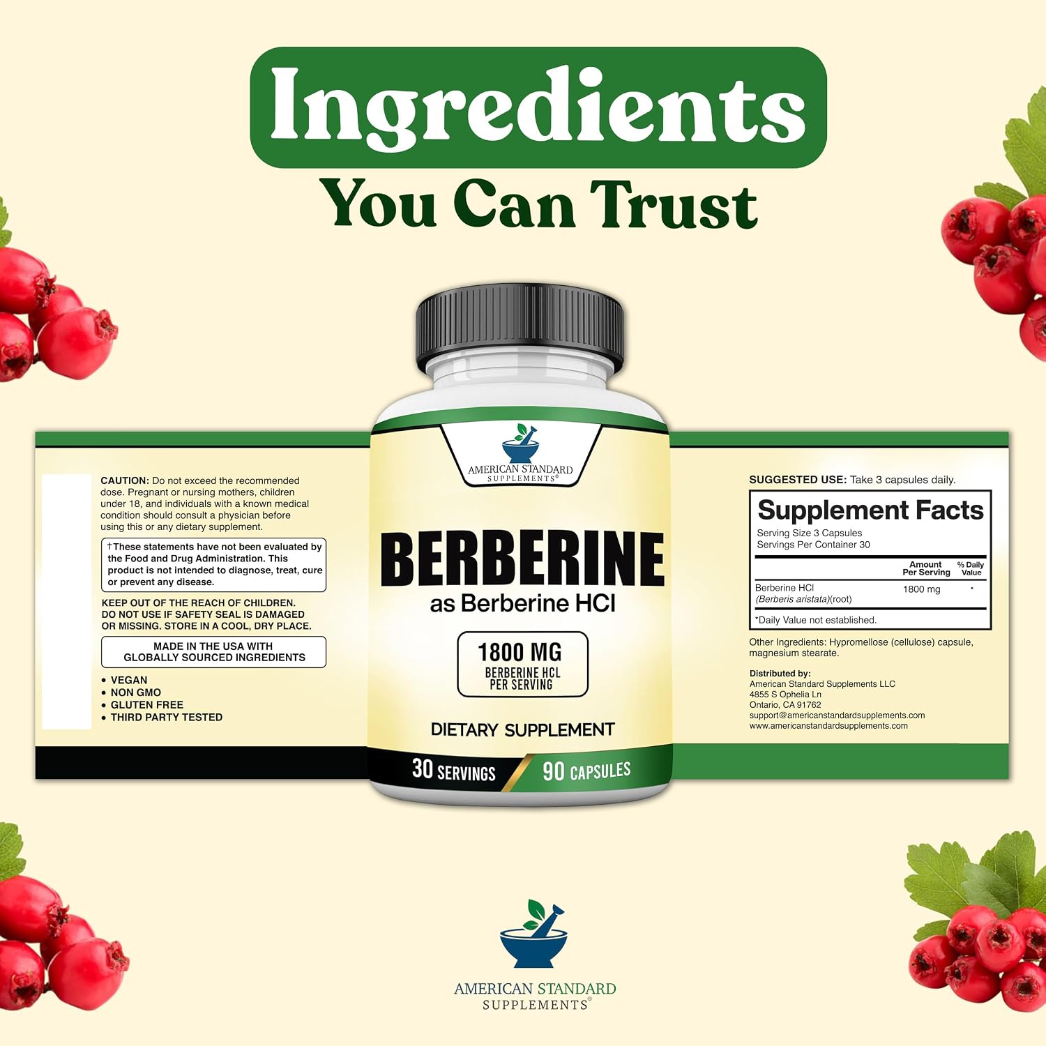American Standard Supplements Berberina 1800 mg por porción, 90 cápsulas vegetales