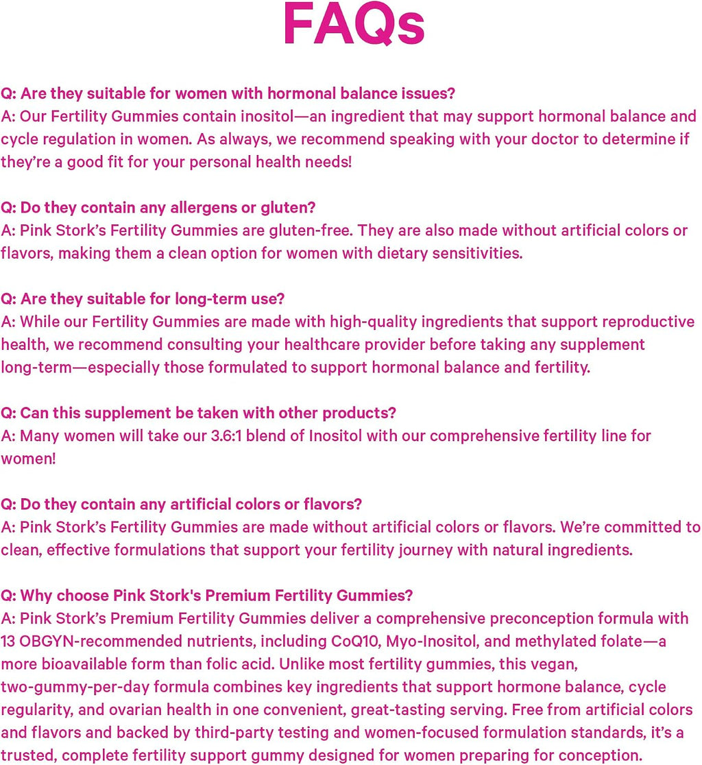 Pink Stork Gominolas de Fertilidad para Mujeres | CoQ10, Myo-Inositol, Folato Metilado | Apoyo para el Equilibrio Hormonal y la Función Ovárica | 60 Gominolas