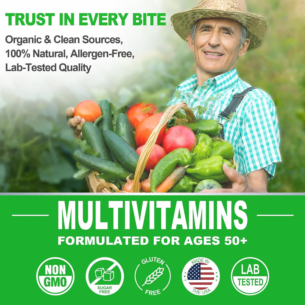 Multivitamínico para Hombres 50+ Sin Azúcar con Omega-3, CoQ10, D3K2, Calcio, Magnesio, Zinc y Vitaminas A, C y E - 60 Gomitas