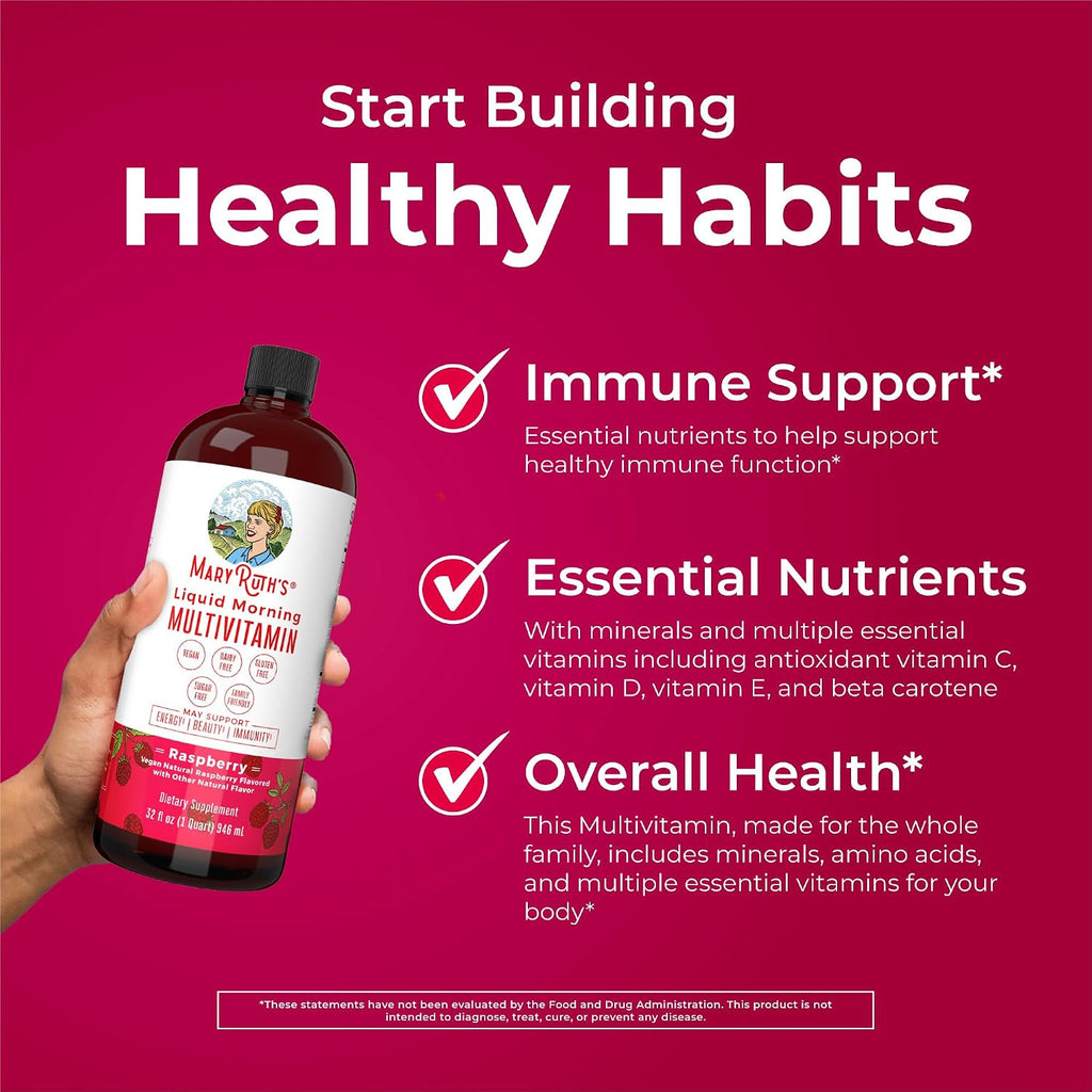 MaryRuth's Multivitamínico Líquido Matutino para Mujeres, Hombres y Niños - Vitaminas A, C, D, E, B6, B12, Biotina, Zinc - Vegano - Sin Gluten - 32 Porciones