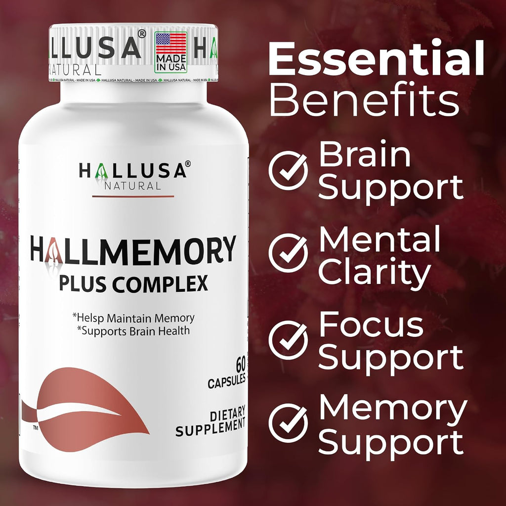 Hallusa Natural Brain Health Supplement - Memoria y Concentración con Ginkgo Biloba, Colina y Complejo B - 60 Cápsulas