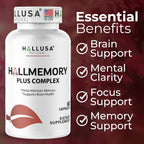 Hallusa Natural Brain Health Supplement - Memoria y Concentración con Ginkgo Biloba, Colina y Complejo B - 60 Cápsulas