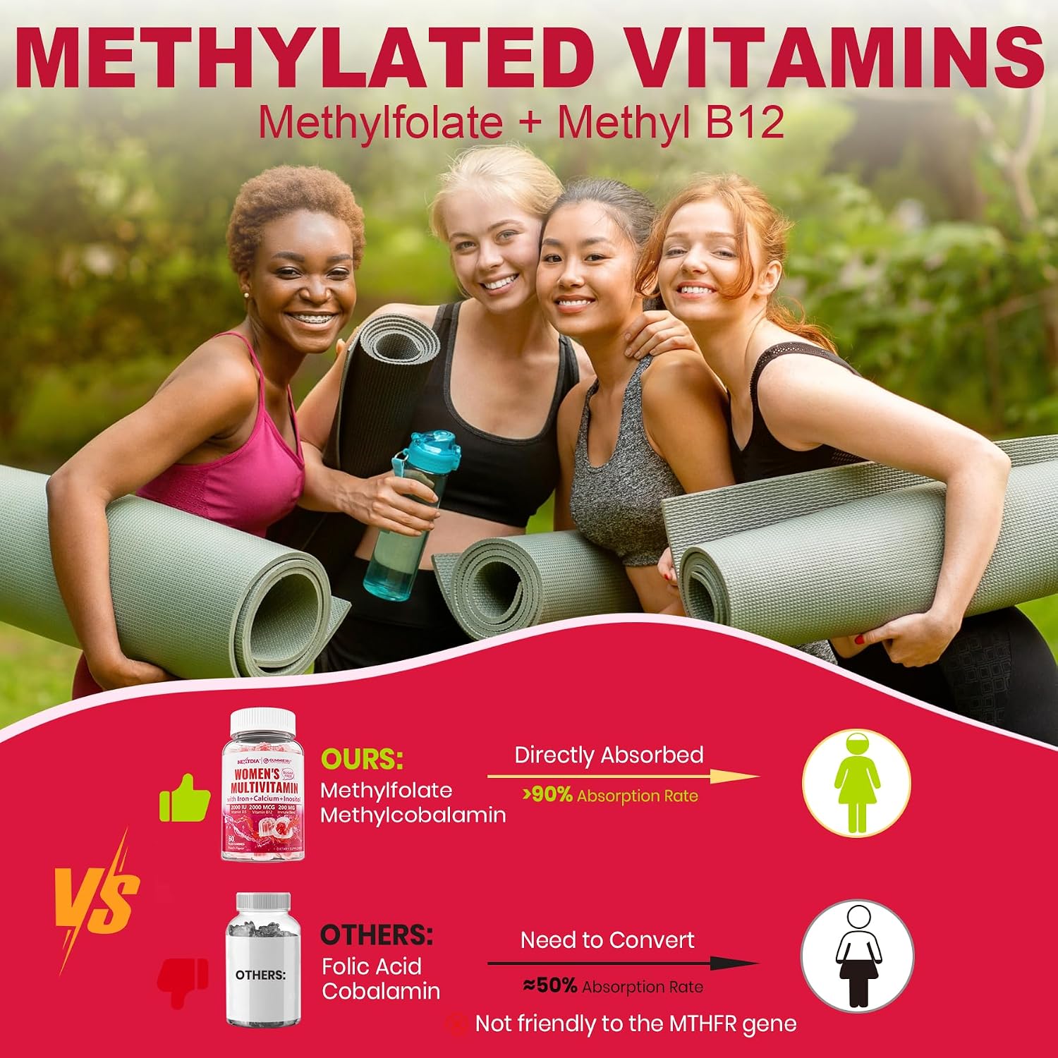 Multivitamínico en Gominolas Sin Azúcar para Mujeres con Calcio, D3 K2, Inositol, Folato, Biotina, Hierro - 2 Paquetes