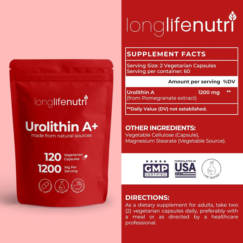 Urolithin A 1200mg - 120 Cápsulas Vegetales de Postbiótico Puro de Granada, Analizado, Vegano