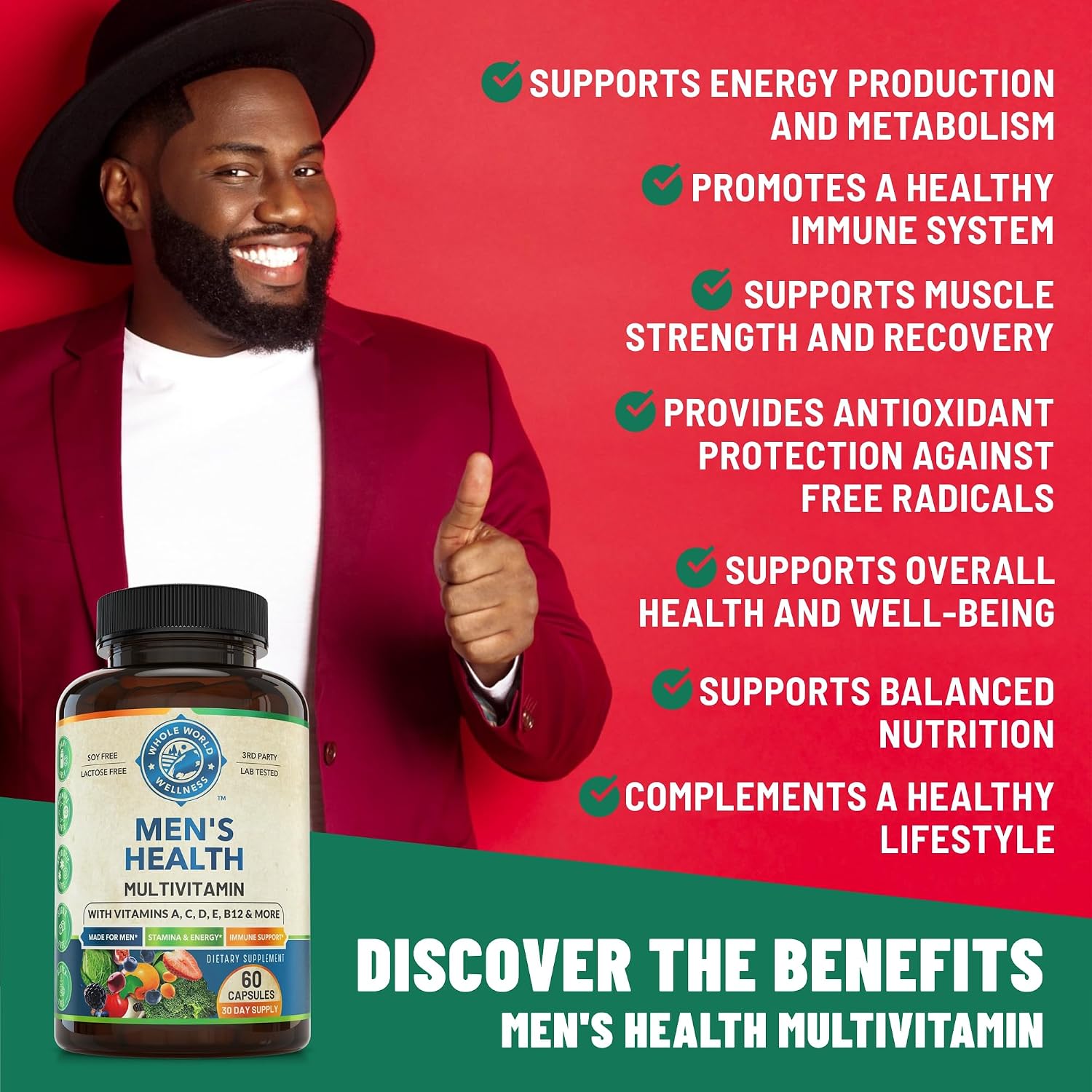 Whole World Wellness Multivitamínico Diario para Hombres - 30+ Nutrientes, Energía y Rendimiento