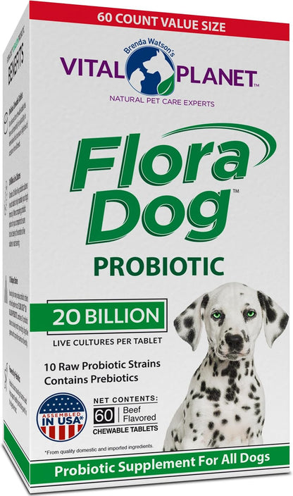 Vital Planet Flora Dog Probióticos Masticables para Perros, 20 Mil Millones UFC, 10 Cepas, 60 Tabletas Sabor Carne – Image 1