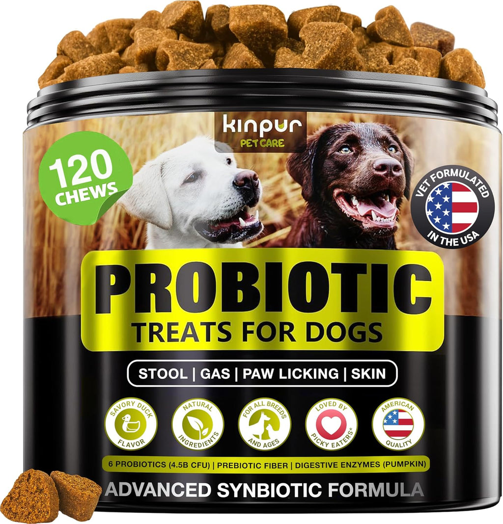 Kinpur Probióticos para Perros – 4 Mil Millones UFC, 6 Cepas + Colostro y Enzimas Digestivas – Sabor a Pato – 120 Masticables
