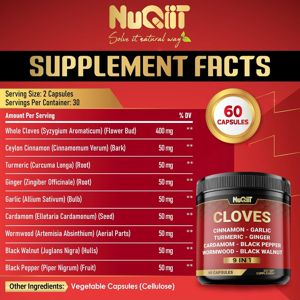 9in1 Clove Supplement Rich in Vitamins & Minerals for Digestive, Immune System, Bone & Heart Health with Cinnamon, Turmeric, Ginger, Cardamom, Garlic, Wormwood, Black Walnut - 60 Capsules - 30 Days