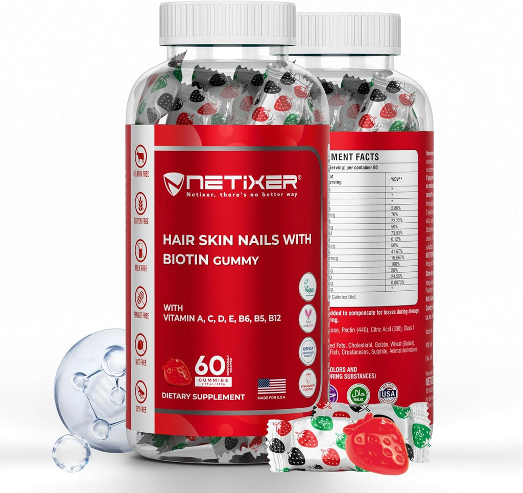 nETiXER Biotin Gummies 5000 mcg | Multivitamin Gummies | Vitamins A C D E B6 B12 with Zinc | Strawberry Flavor | Vegan | Individually Wrapped | 60 Count