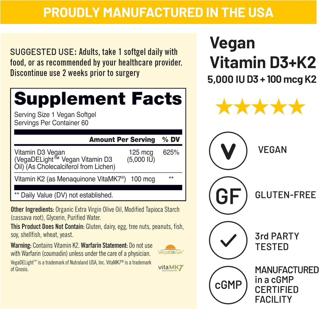 NatureWise Vitamina D3 + K2 Vegano - 5000 UI D3 + 100 mcg K2 MK-7 - Apoyo Óseo - Con Aceite de Oliva Virgen Extra Orgánico - No GMO
