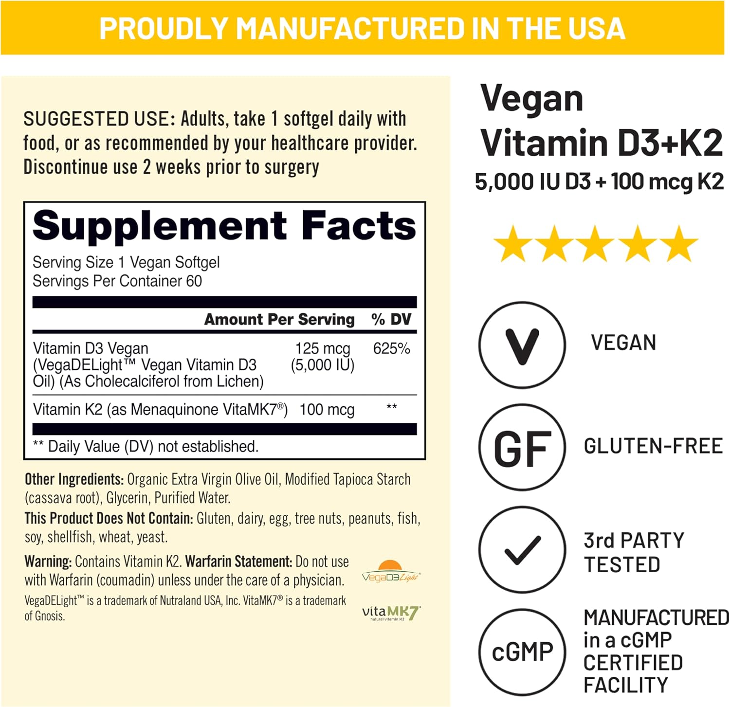 NatureWise Vitamina D3 + K2 Vegano - 5000 UI D3 + 100 mcg K2 MK-7 - Apoyo Óseo - Con Aceite de Oliva Virgen Extra Orgánico - No GMO