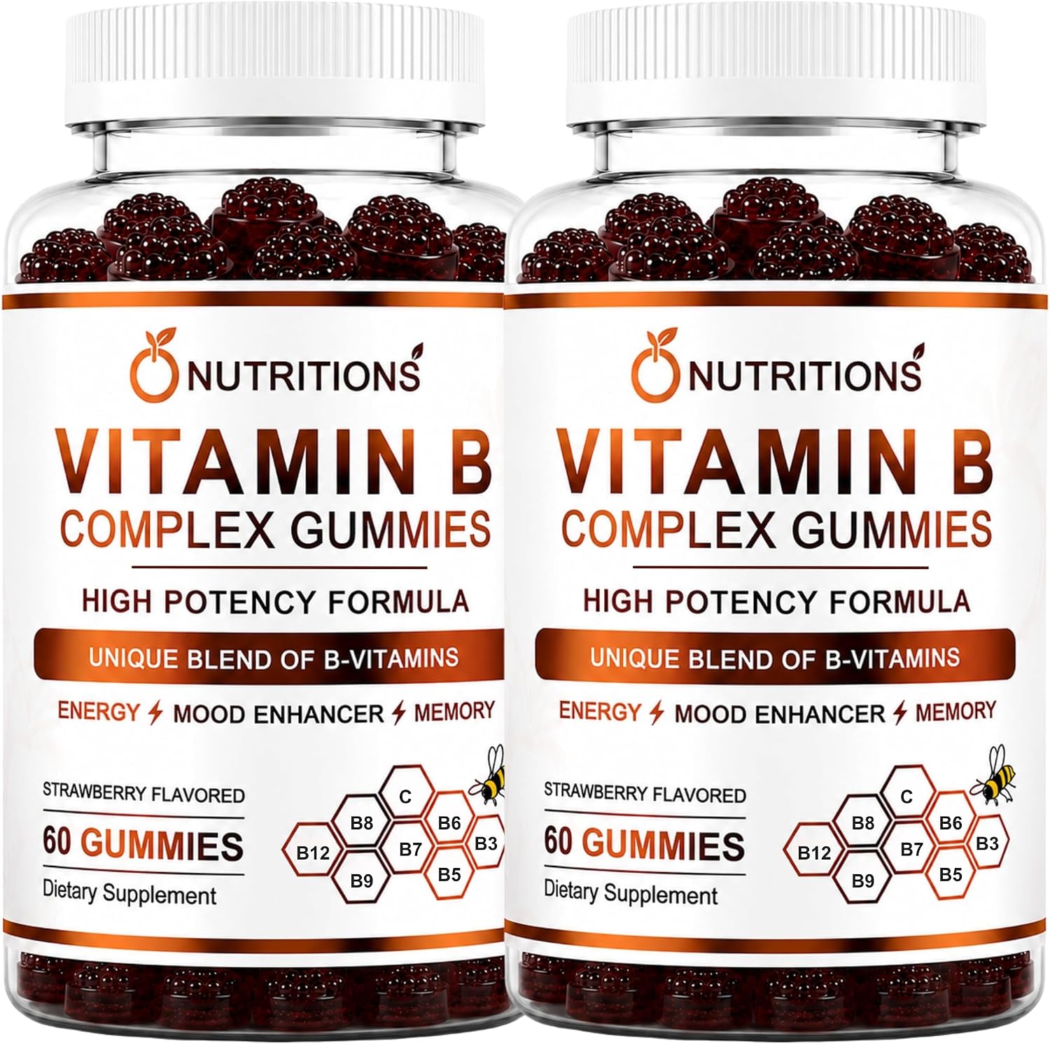 O Nutritions Complejo B Gominolas Veganas con Vitamina B12, Biotina, Folato, Vitamina C – Energía, Estado de Ánimo, Memoria y Enfoque – Apoyo para Cabello, Piel y Uñas – Fresa, 60 Gominolas