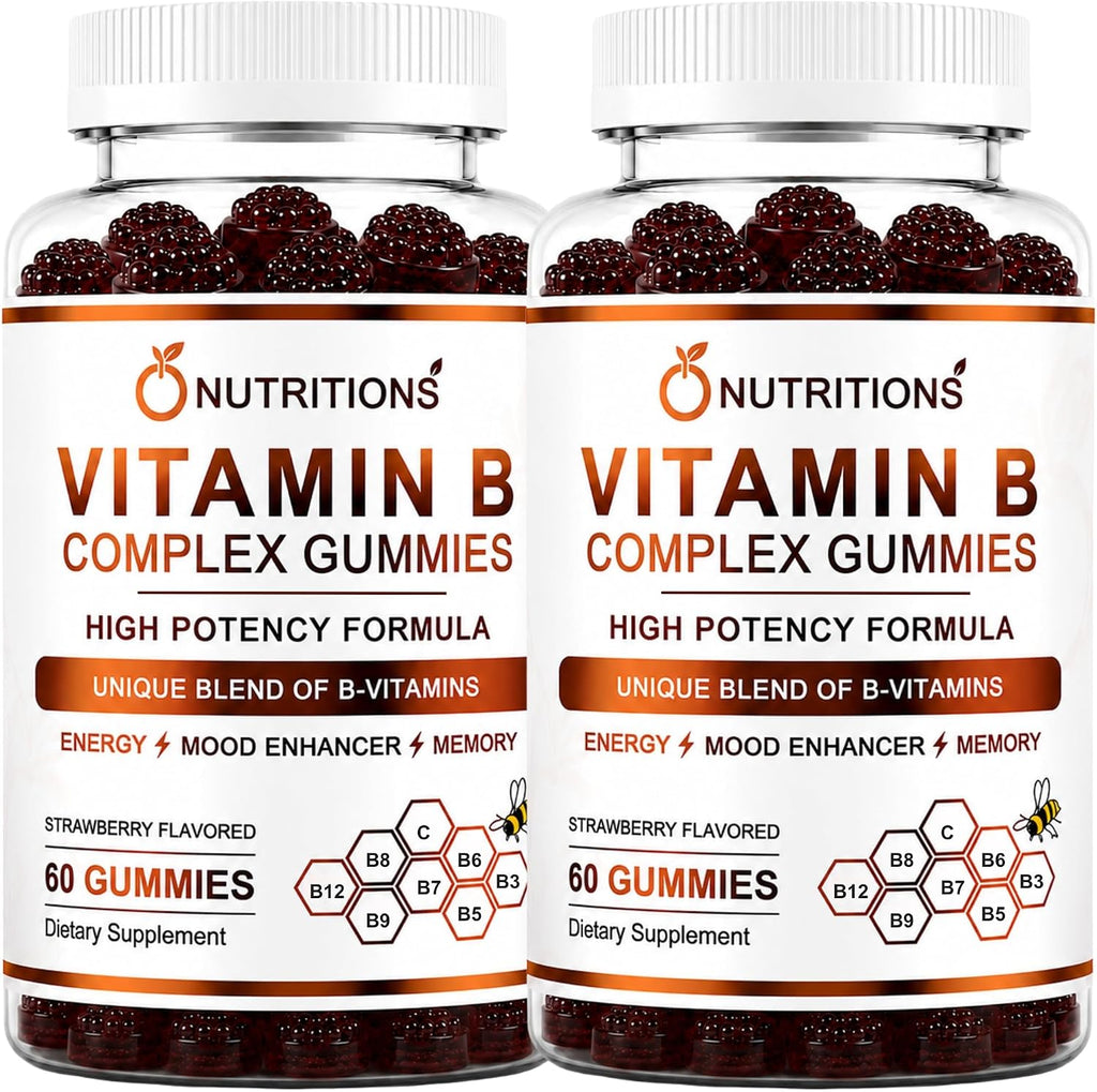 O Nutritions Gominolas de Complejo B para Mujeres y Hombres - Vitaminas B12, Biotina, Folato, Vitamina C - Apoyo Energético y para Cabello, Piel y Uñas - Vegano, Sabor Fresa, 120 Unidades