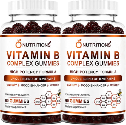 O Nutritions Gominolas de Complejo B para Mujeres y Hombres - Vitaminas B12, Biotina, Folato, Vitamina C - Apoyo Energético y para Cabello, Piel y Uñas - Vegano, Sabor Fresa, 120 Unidades