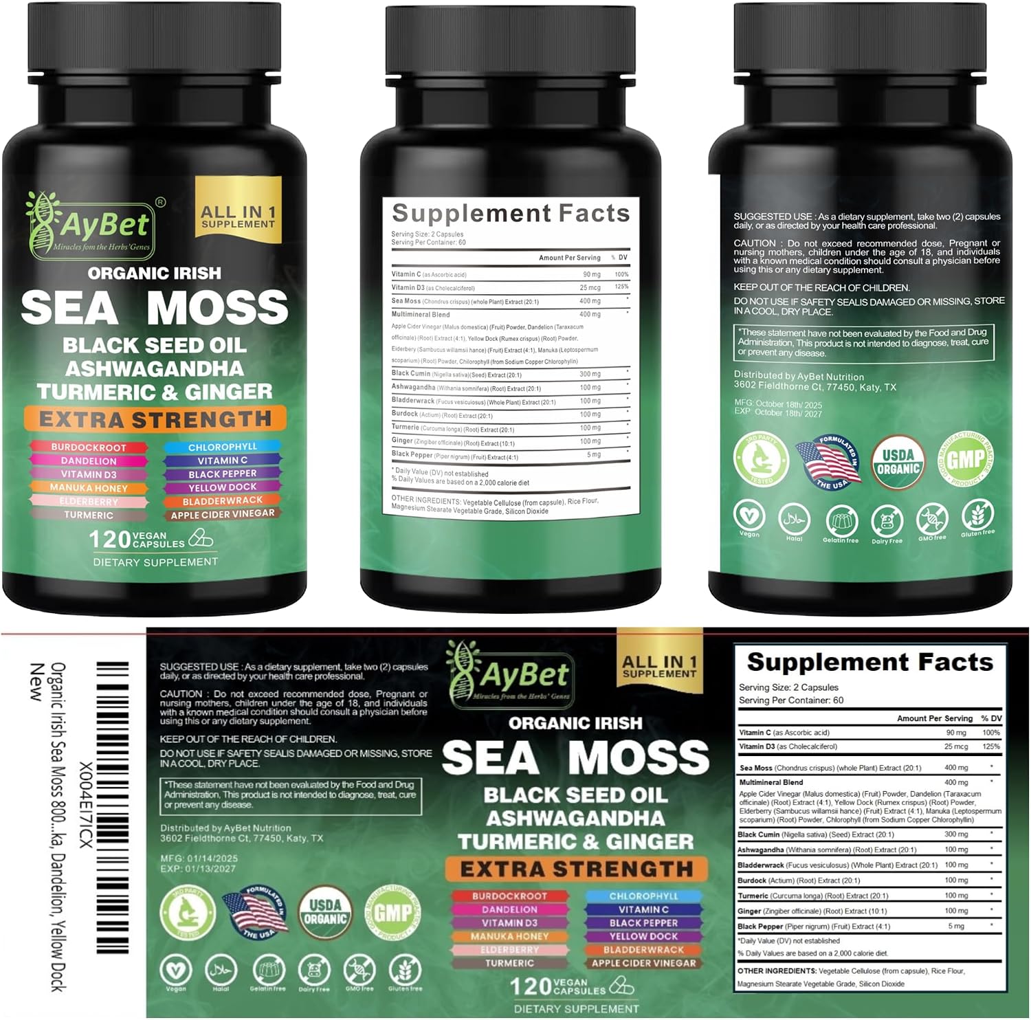 Cápsulas de Musgo Marino Orgánico Irlandés – 120 Cápsulas – Suplemento 16 en 1 con Aceite de Semilla Negra, Ashwagandha, Cúrcuma, Jengibre, Bladderwrack, Raíz de Bardana y Vitamina D3 – Orgánico, Vegano, Halal, No-GMO