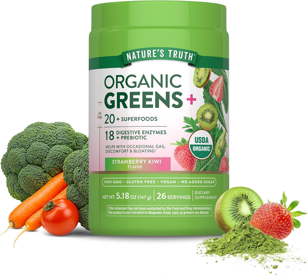 Nature's Truth Organic Greens Powder - Polvo de Superalimentos Orgánicos con Enzimas Digestivas y Prebióticos, Sabor Fresa Kiwi, 146 g