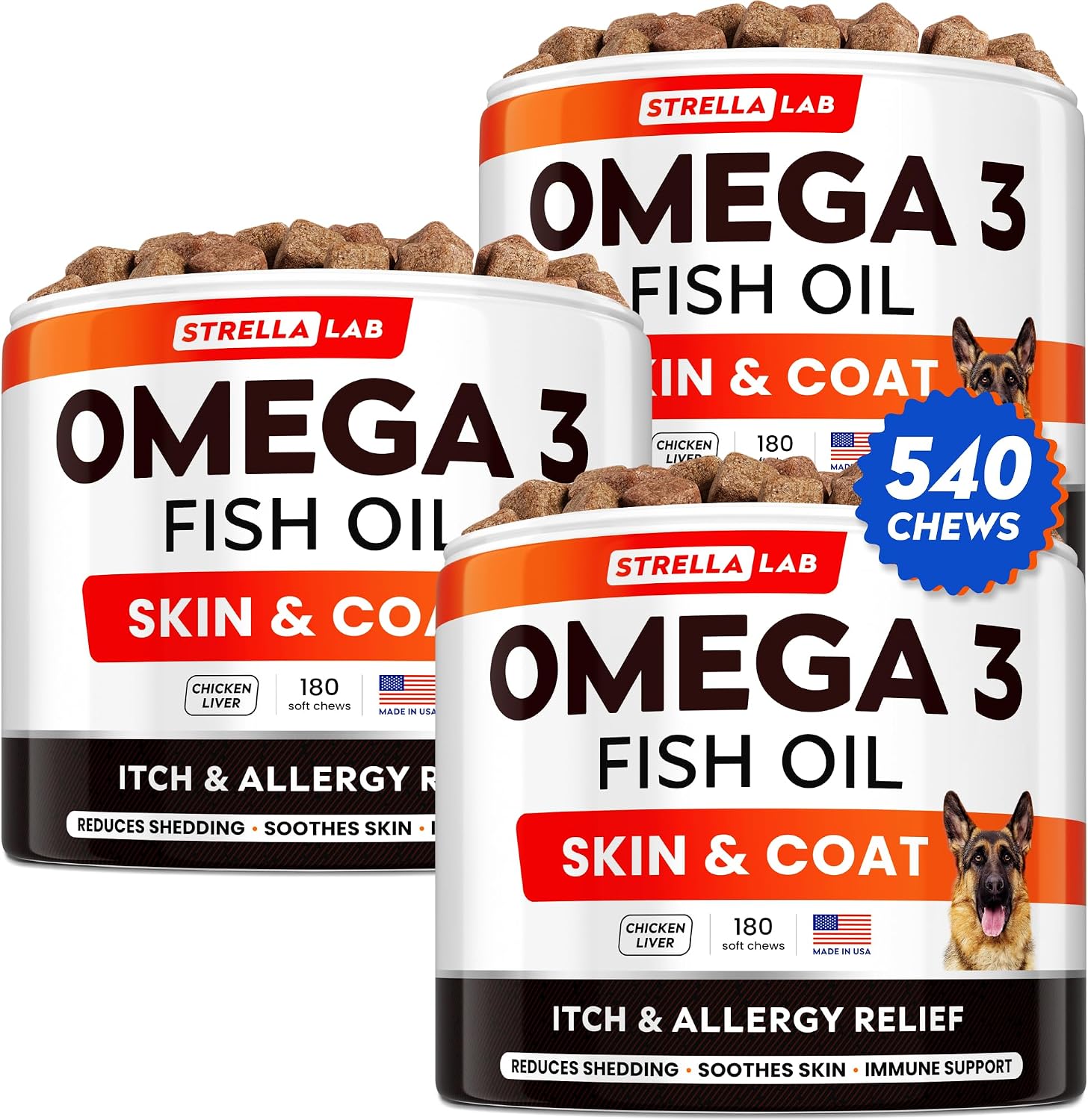 STRELLALAB Masticables para Alivio de Alergias y Picor en Perros con Omega 3: Apoyo para Piel y Pelaje con Aceite de Pescado, Calabaza y Enzimas para Perros y Gatos — Sabor Pollo BBQ - 180 unidades
