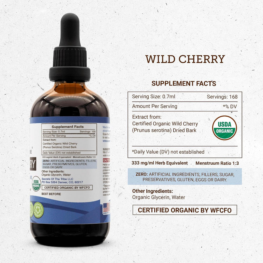 Secrets of the Tribe Wild Cherry Organic - Extracto sin Alcohol, Alta Potencia, 118 ml (4 oz)