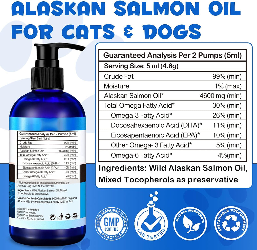 Aceite de Salmón de Alaska para Perros y Gatos (250 ml) - Omega 3 Puro con EPA y DHA