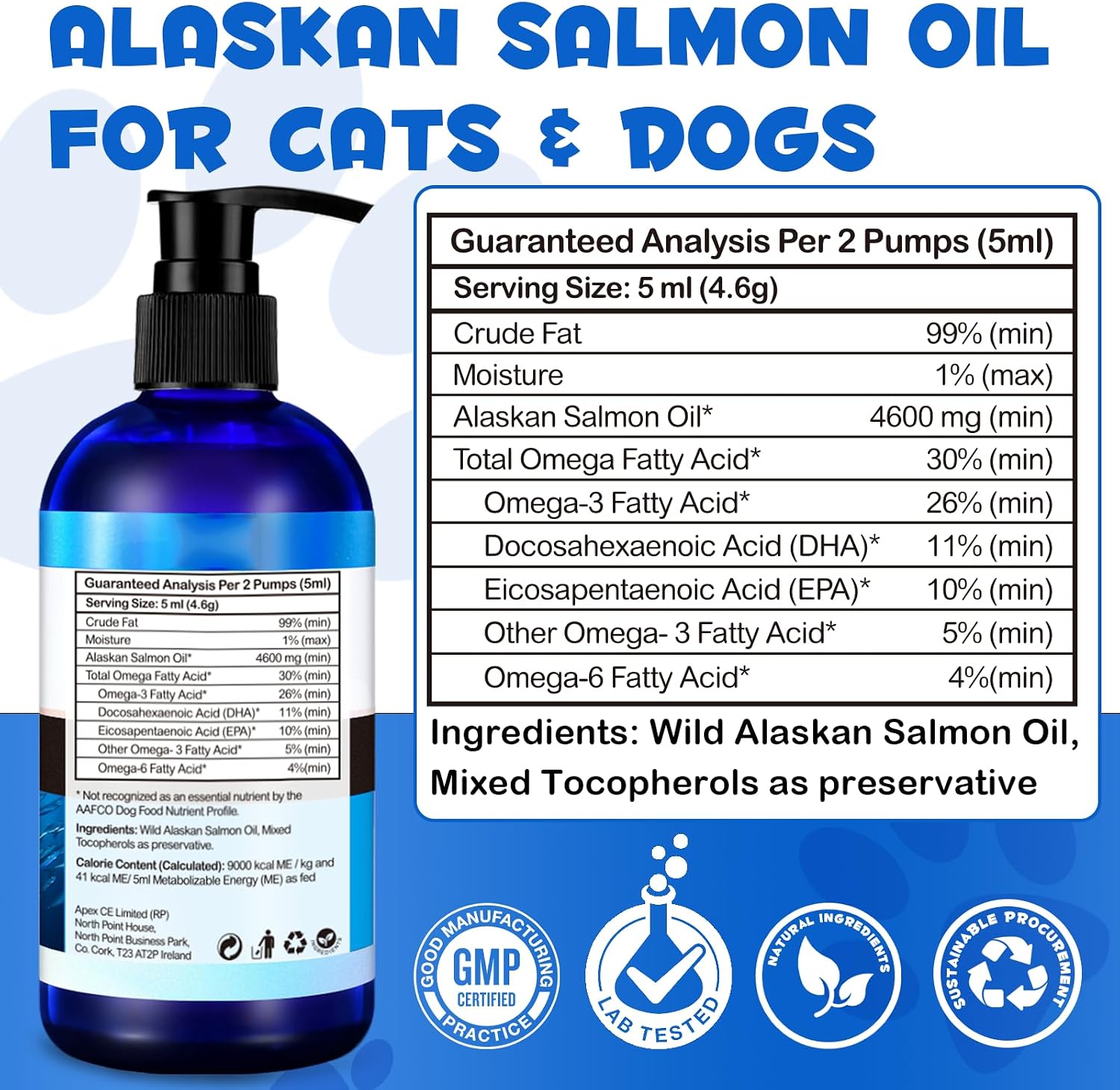 Aceite de Salmón de Alaska para Perros y Gatos (250 ml) - Omega 3 Puro con EPA y DHA