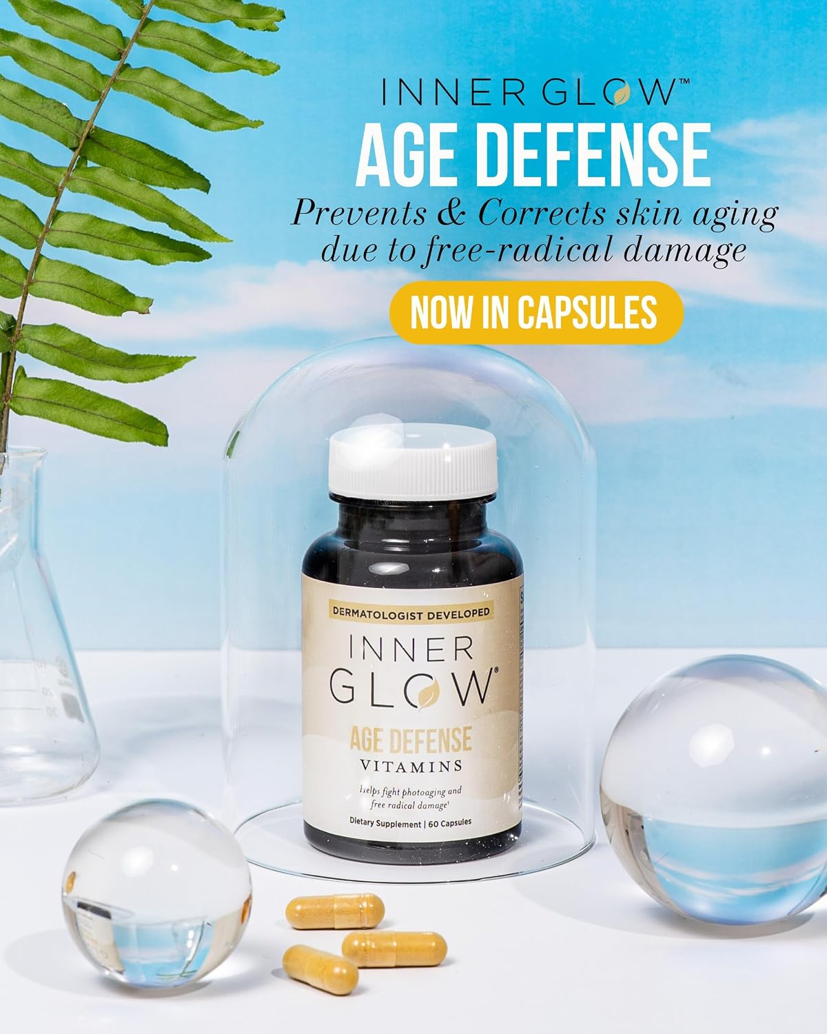Inner Glow Age Defense Vitamins - Antioxidant Skin Support, Polypodium Leucotomos Formula, Vegan, Gluten-Free - 60 Cápsulas