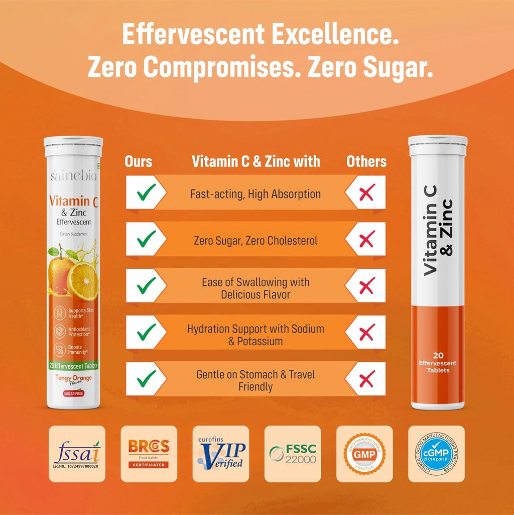 Vitamin C 1000mg Effervescent Tablets - Con Zinc 10mg - Sin Azúcar - 20 Comprimidos