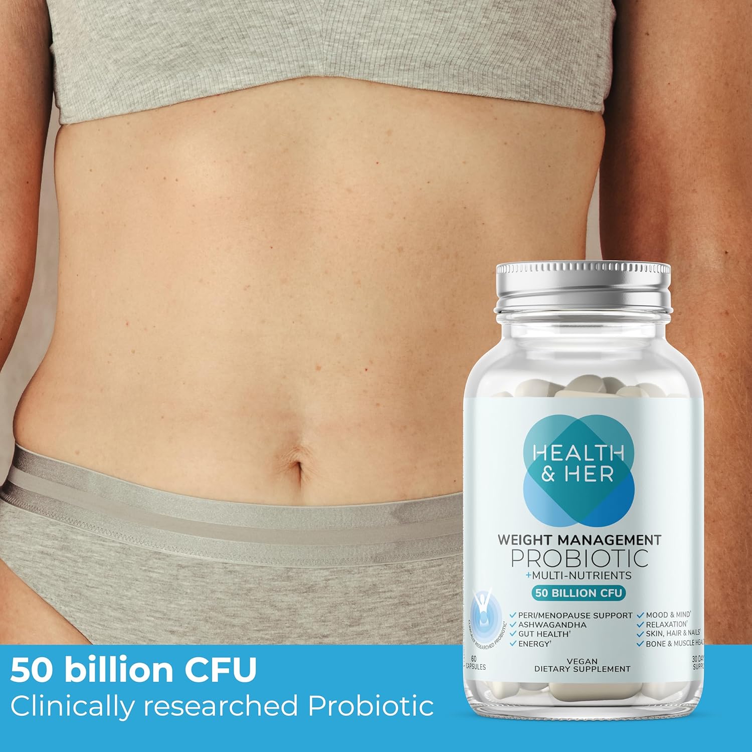 Health & Her Probiótico para Control de Peso en Menopausia - 50bn UFC con Multivitamínicos - 60 cápsulas (1 mes)