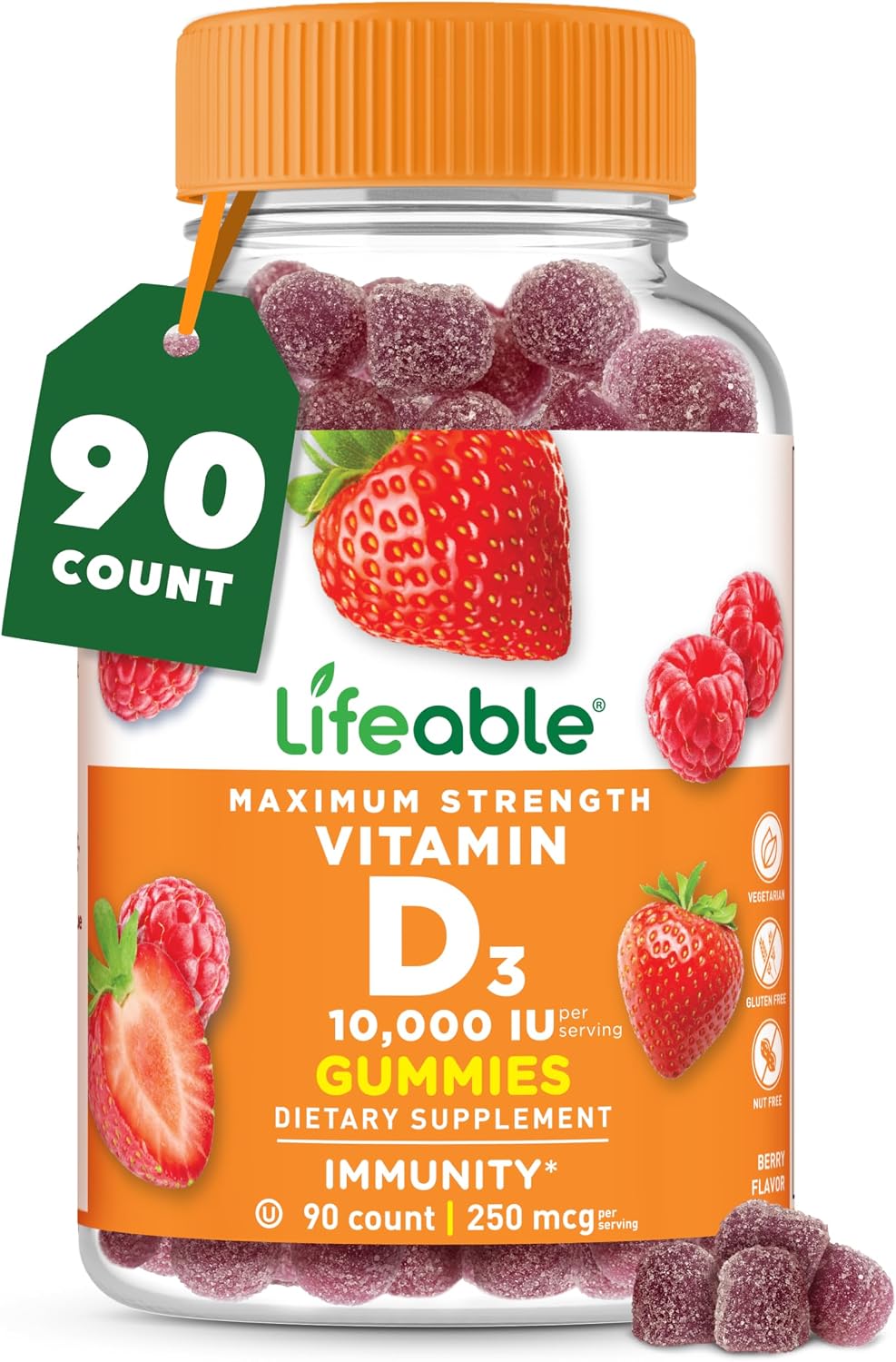 Lifeable Vitamina D3 10000 IU Gummies - Sabor Fresa - 90 Gummies
