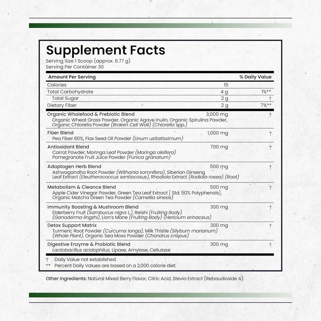 Nature's Pure Blend Super Greens Powder – Polvo Orgánico de Superalimentos con Probióticos – Sabor Matcha – 30 Dosis