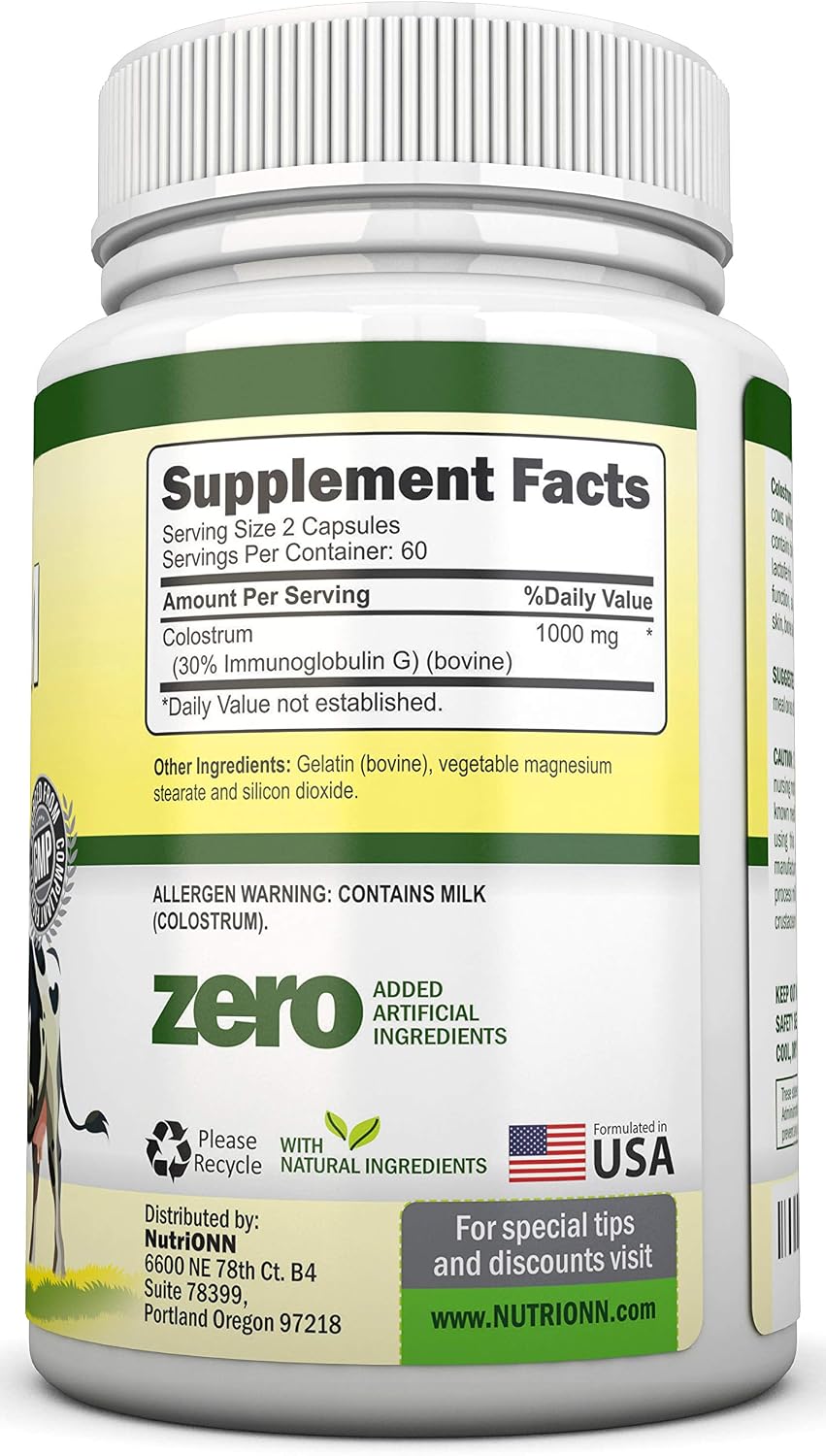 NutriONN Calostro - 1000mg - 120 Cápsulas - 30% IgG - Lácteo no OGM de EE.UU. - Primer Ordeño - Procesado a Baja Temperatura - Salud GI - Apoyo Inmune - Salud Ósea y Muscular