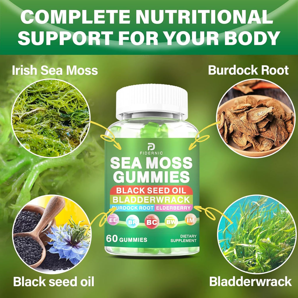 Gominolas de Sea Moss – Musgo Irlandés con Saúco y Aceite de Semilla Negra, Vejiga de Mar, Raíz de Bardana – Sabor a Manzana Verde – 120 Gominolas Veganas