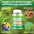 Gominolas de Sea Moss – Musgo Irlandés con Saúco y Aceite de Semilla Negra, Vejiga de Mar, Raíz de Bardana – Sabor a Manzana Verde – 120 Gominolas Veganas