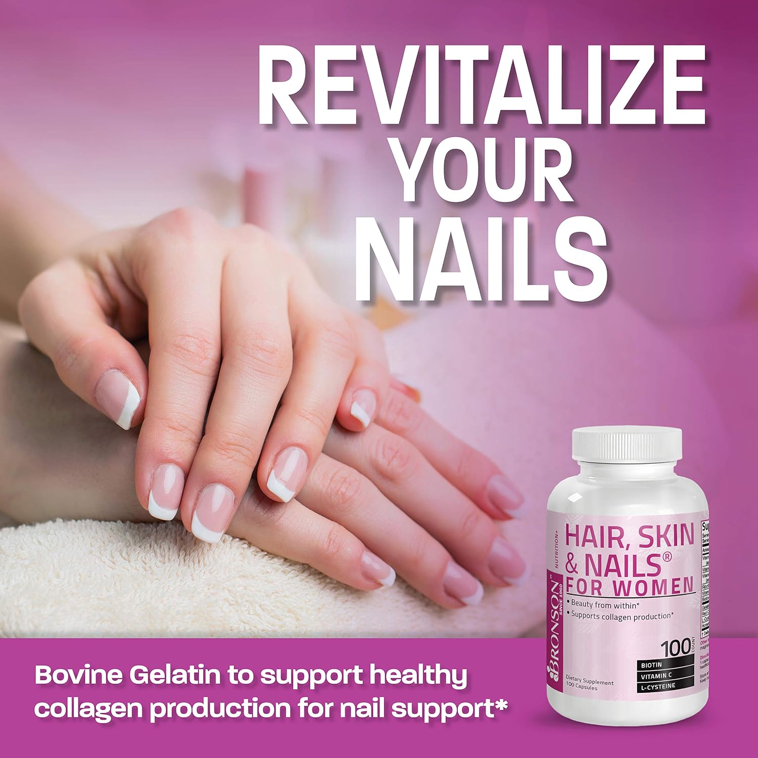 Bronson Hair, Skin & Nails con Biotina Extra Fuerte - 100 Cápsulas