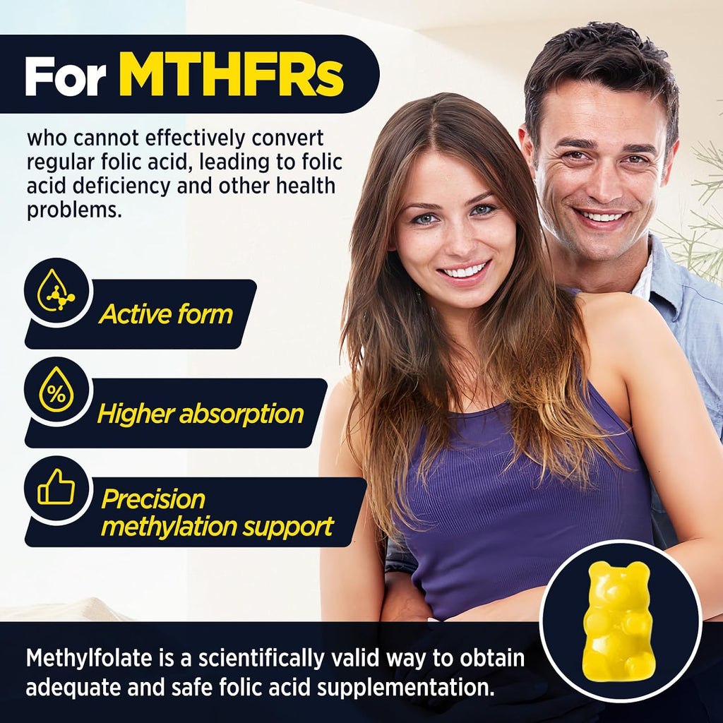 Gominolas de Metilfolato L con B12 Metilada - 5-MTHF 15 mg + Metilcobalamina 1000 mcg - 60 Gominolas Sin Azúcar