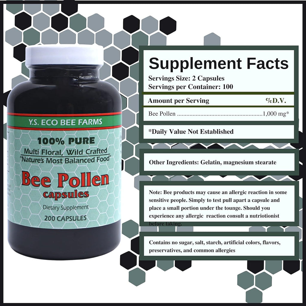 Y.S. Eco Bee Farms Polen de Abeja 100% Puro Orgánico Silvestre - 200 Cápsulas